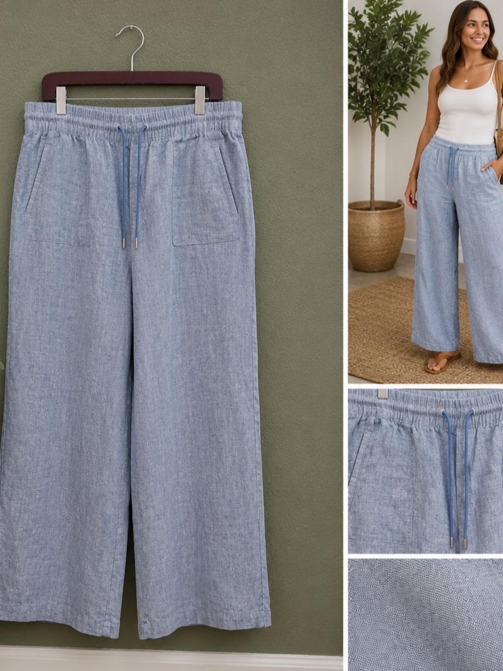 Athleta 100% Linen Wide Leg Pull-On Pants Size 12 Blue Chambray